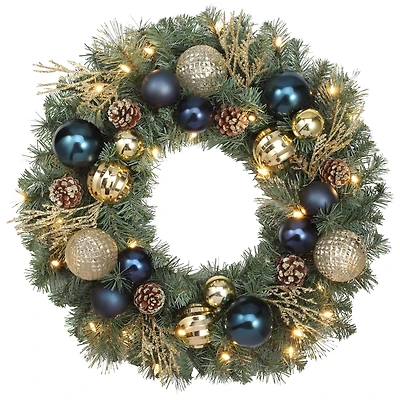 Haute Decor 24" Pre-Lit Sutton Place Blue & Gold Ornament Christmas Wreath, Soft White LED Lights