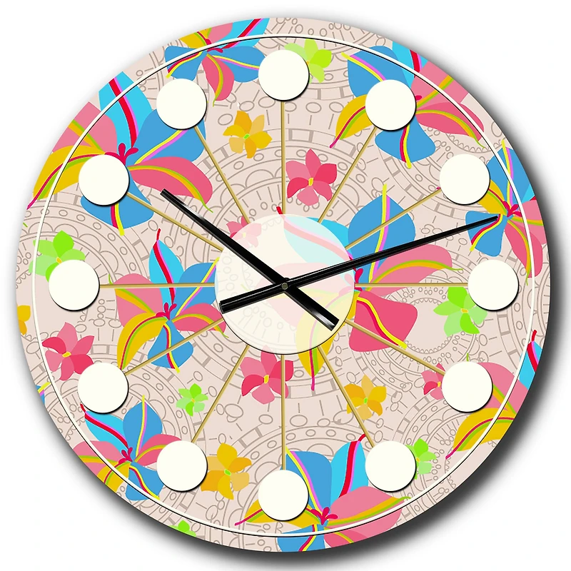 Designart 'Retro Pink Yellow Flowers Mid-Century Modern Wall Clock