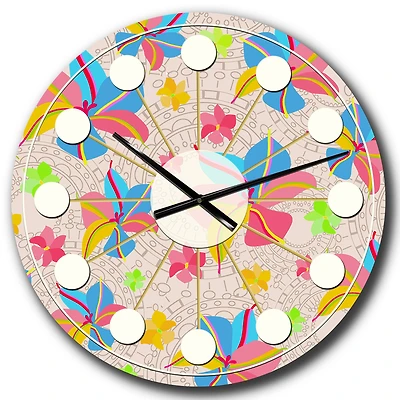 Designart 'Retro Pink Yellow Flowers Mid-Century Modern Wall Clock