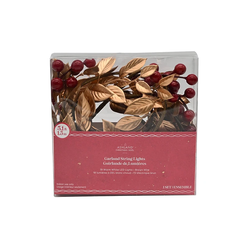 18ct. Warm White LED Red Berry & Gold Leaf Garland String Lights on Brown Wire by Ashland®