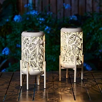 Glitzhome® 14.25" White Metal Cutout Leaves Pattern Solar Powered LED Outdoor Lanterns, 2ct.