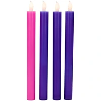 Set of 4 Purple and Pink Flickering LED Christmas Advent Wax Taper Candles 9.5"