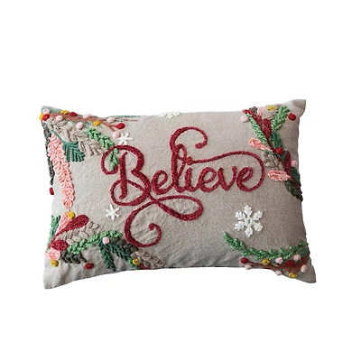 Hello Honey® Snowflakes & Foliage Believe Cotton Chambray Embroidered Lumbar Pillow