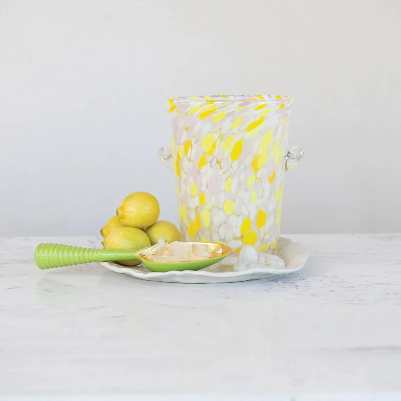 Hello Honey 2 Quart Hand-Blown Confetti Glass Ice Bucket with Handles, Yellow, Pink and White