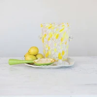 Hello Honey 2 Quart Hand-Blown Confetti Glass Ice Bucket with Handles, Yellow, Pink and White
