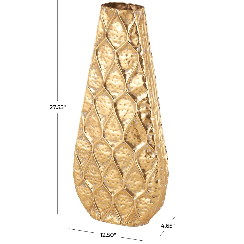 28" Gold Metal Vase with Peacock Inspired Design