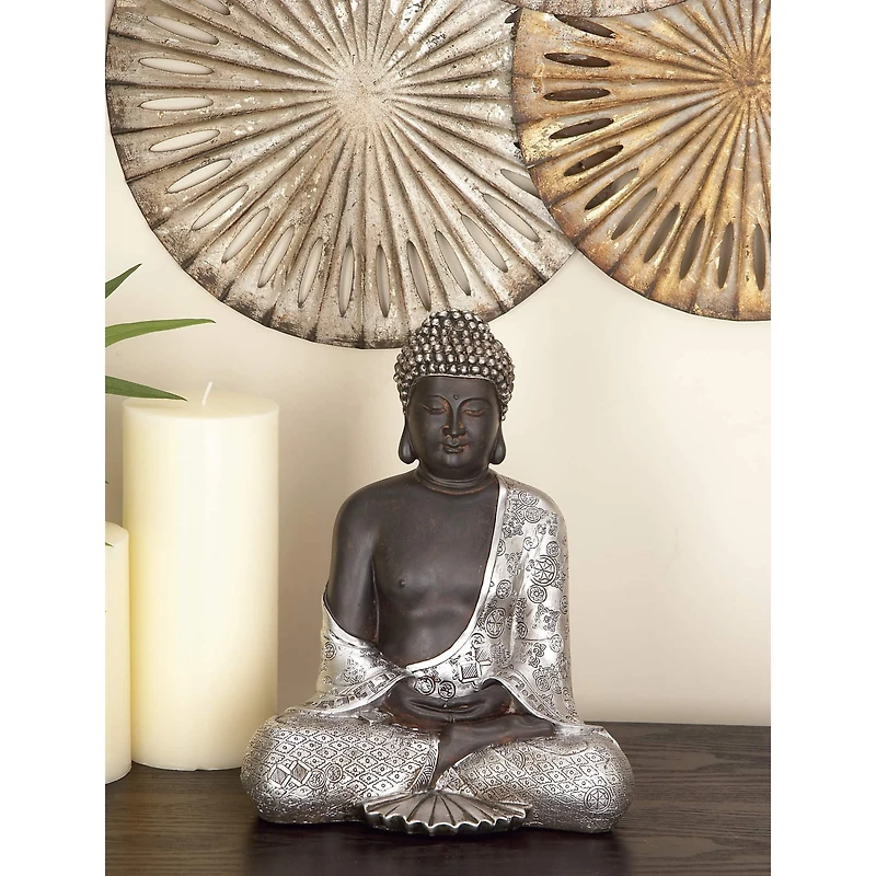 11" Silver Bohemian Polystone Buddha Sculpture