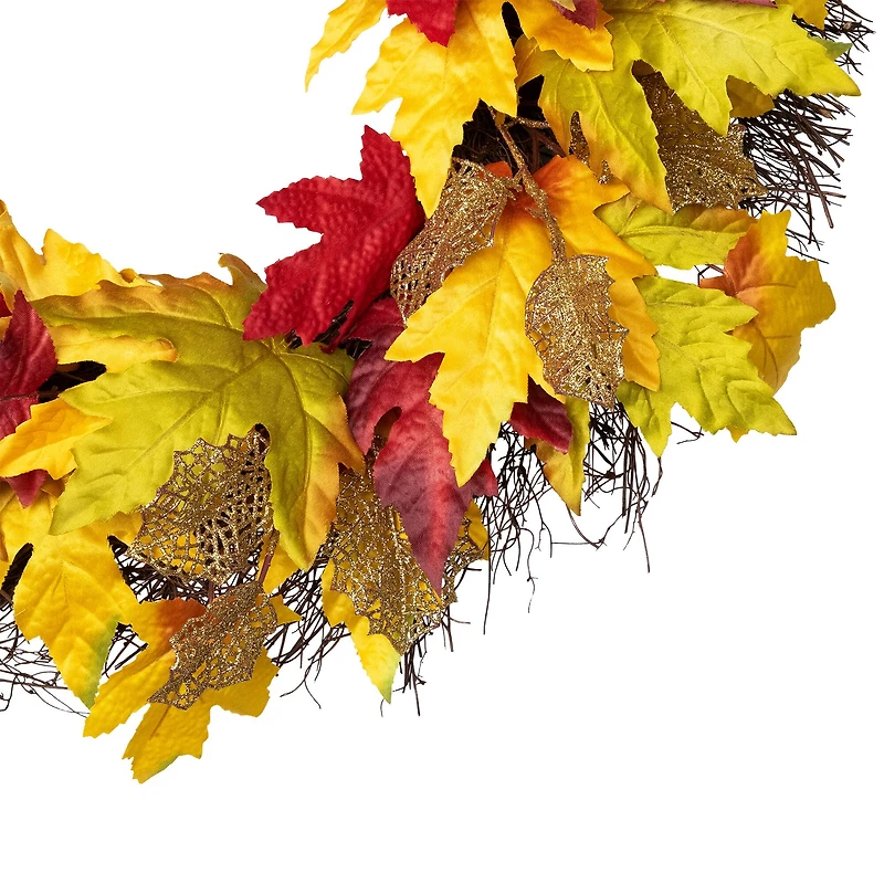 22" Unlit Autumn Harvest Artificial Maple Leaves Thanksgiving Wreath