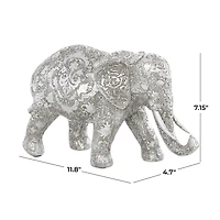 7" Silver Elephant Engraved Floral Sculpture