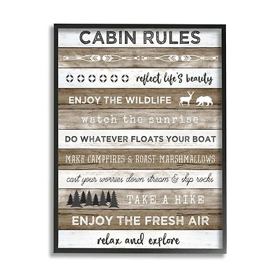 Stupell Industries Cabin Rules Motivational List Rustic Forest Plank Pattern Framed Wall Art