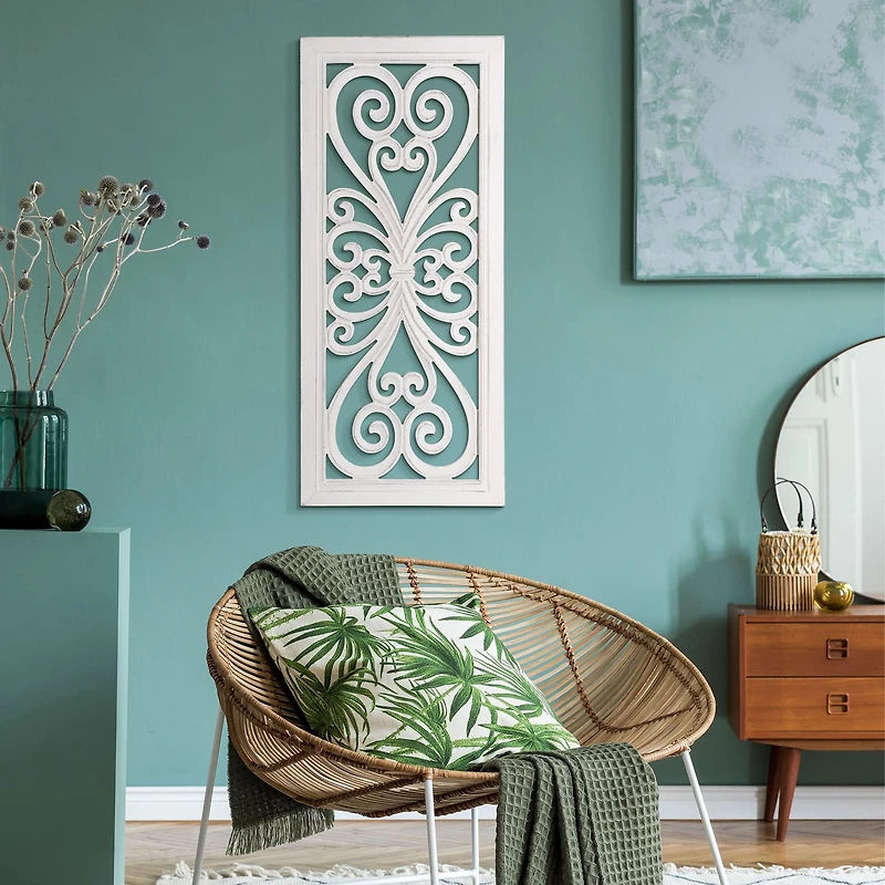 American Art Décor™ 36" Distressed Hand-Carved White Wood Wall Accent Medallion Panel