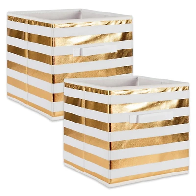 DII® 11" Nonwoven Polyester White & Gold Stripes Storage Cube