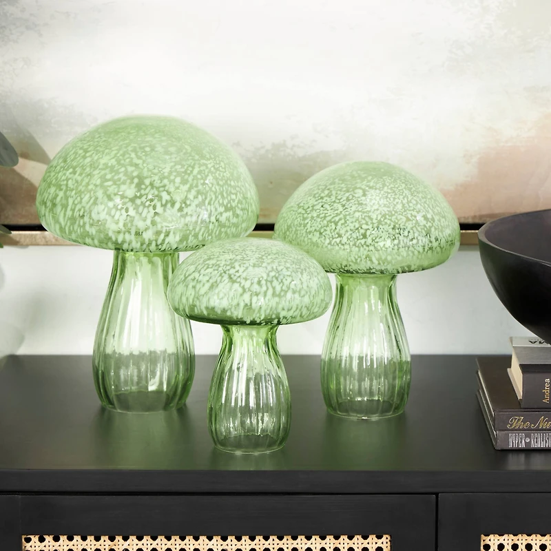 Green Textured Glass Mushroom Sculpture Set
