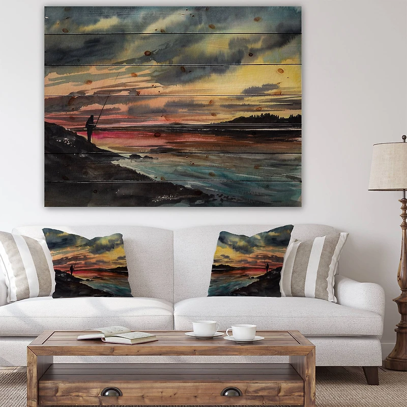 Designart - Fishing Man over Sunset Sky