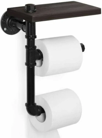 Black Wall-Mounted Double Toilet Paper Holder with Wooden Shelf