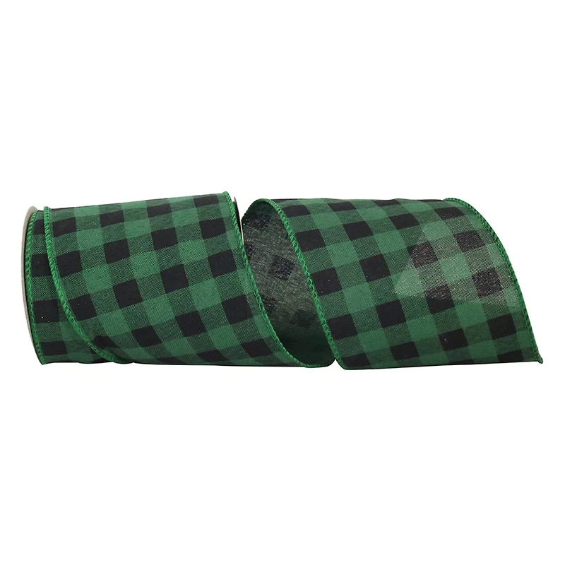 Reliant 4" x 10yd. Green & Black Buffalo Check Wired Ribbon
