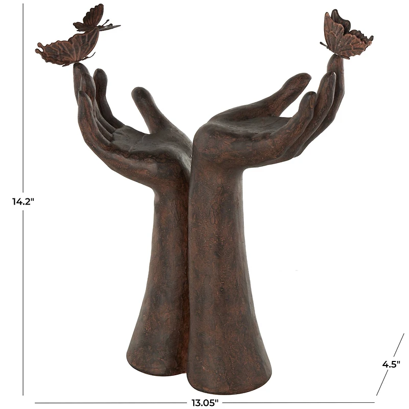 14.25" Dark Brown Hands Raised Decorative Sculpture with Butterfly Accents