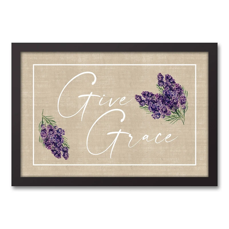 Give Grace Lavendar On Burlap 12" x 18" Black Floating Framed Canvas