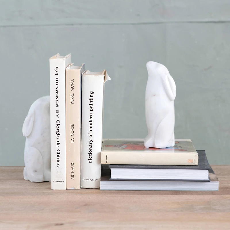 Hello Honey® 6.5" White Rabbit Hand Carved Marble Bookends Set