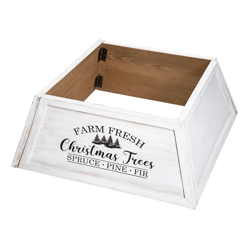 Glitzhome® White 26" Farm Fresh Christmas Trees Wooden Trapezoid Tree Collar