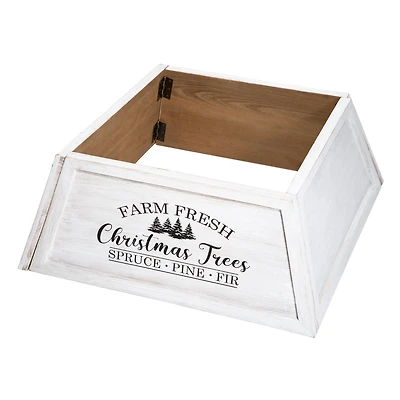 Glitzhome® White 26" Farm Fresh Christmas Trees Wooden Trapezoid Tree Collar