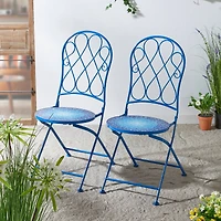 Glitzhome® 36.5" Blue Outdoor Metal Folding Bistro Chairs with Ceramic Tiles Seat, 2ct.