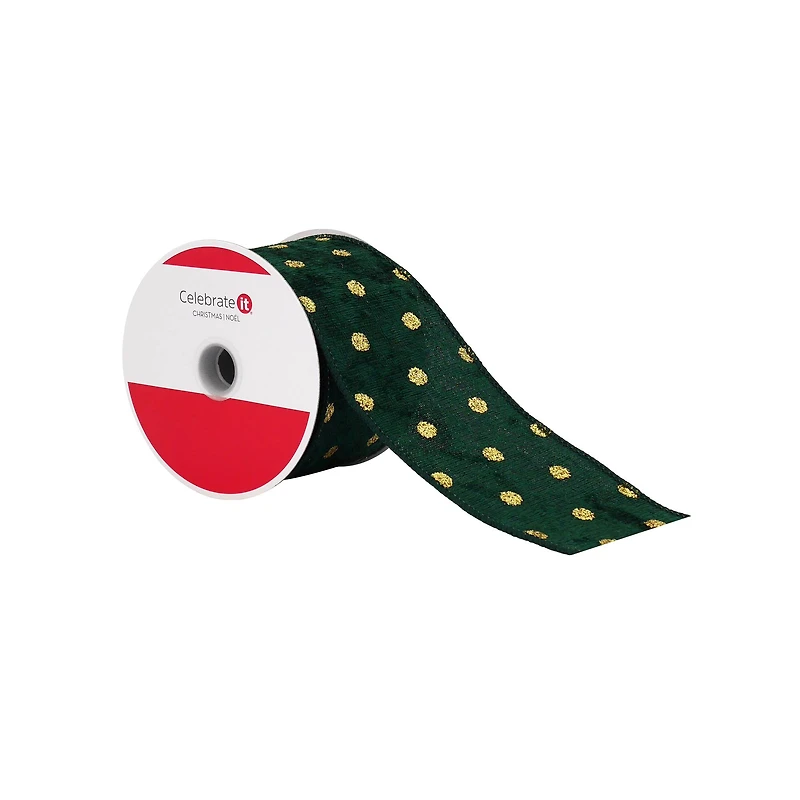 2.5" x 20ft. Green & Gold Dots Wired Ribbon by Celebrate It®
