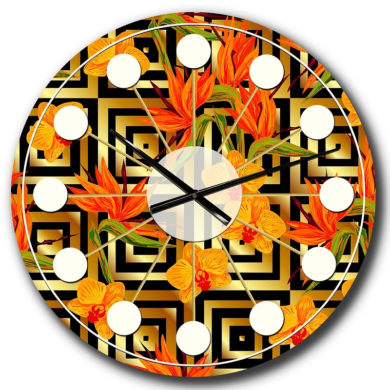 Designart 'Tropical Gold Luxury Pattern Iii Mid-Century Modern Wall Clock