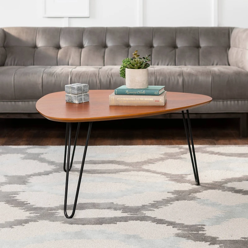 Walnut Guitar Pick Hairpin Leg Mid Century Modern Wood Coffee Table