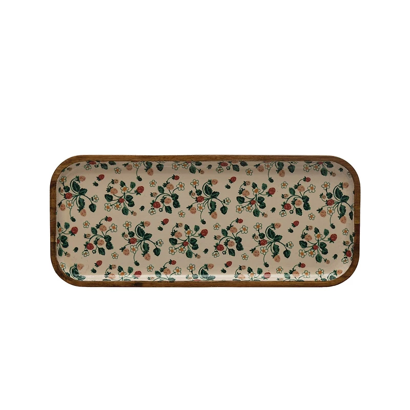 Hello Honey® 12" Strawberry Floral Pattern Enameled Acacia Wood Tray