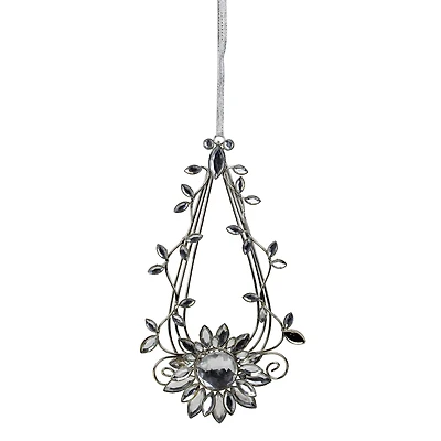 7" Silver Flower Jeweled Teardrop Christmas Ornament