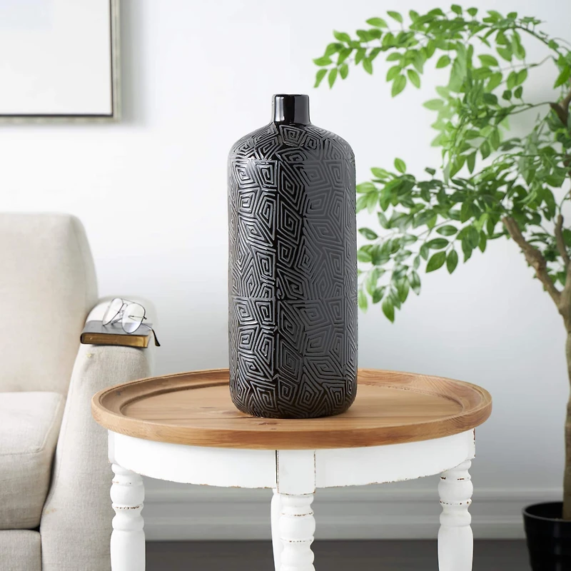 19" Black Geometric Etched Ceramic Vase