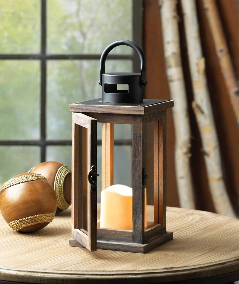 10.75" Lodge Wooden Lantern with LED Candle