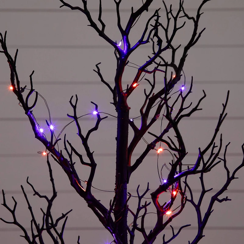 4ft. Pre-Lit Artificial Halloween Black Spooky Twig Tree with 160 Orange & Purple Copper Wire String LED Lights
