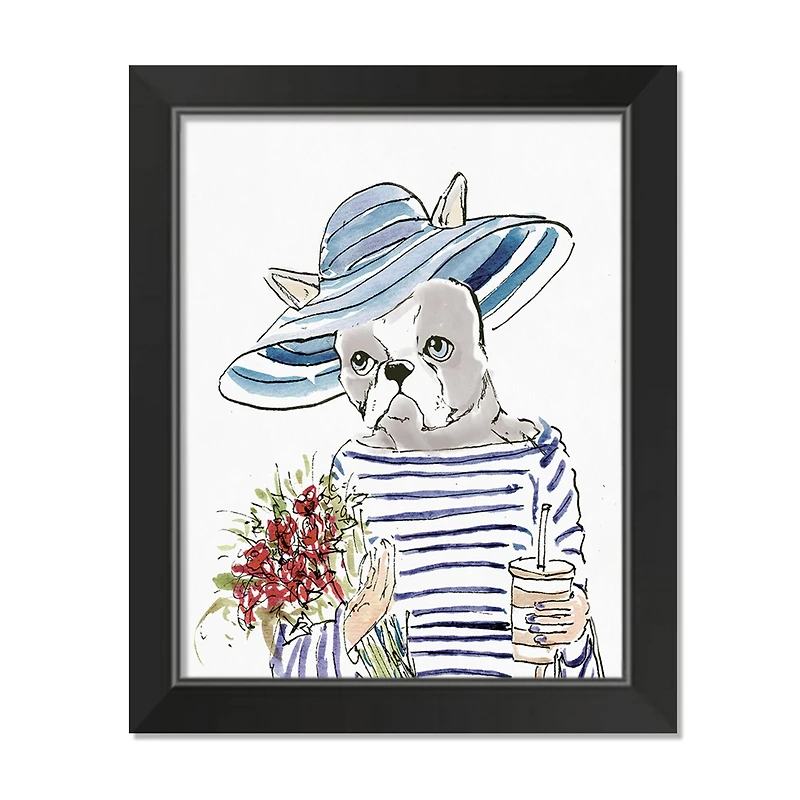 Blue Stripe Hat Fashion Frenchie 1 11" x 14" Black Framed Print Under Plexiglass