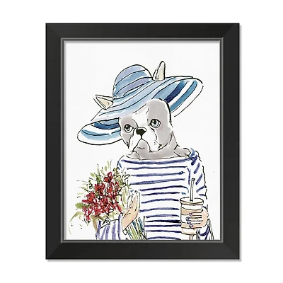 Blue Stripe Hat Fashion Frenchie 1 11" x 14" Black Framed Print Under Plexiglass