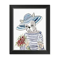 Blue Stripe Hat Fashion Frenchie 1 11" x 14" Black Framed Print Under Plexiglass