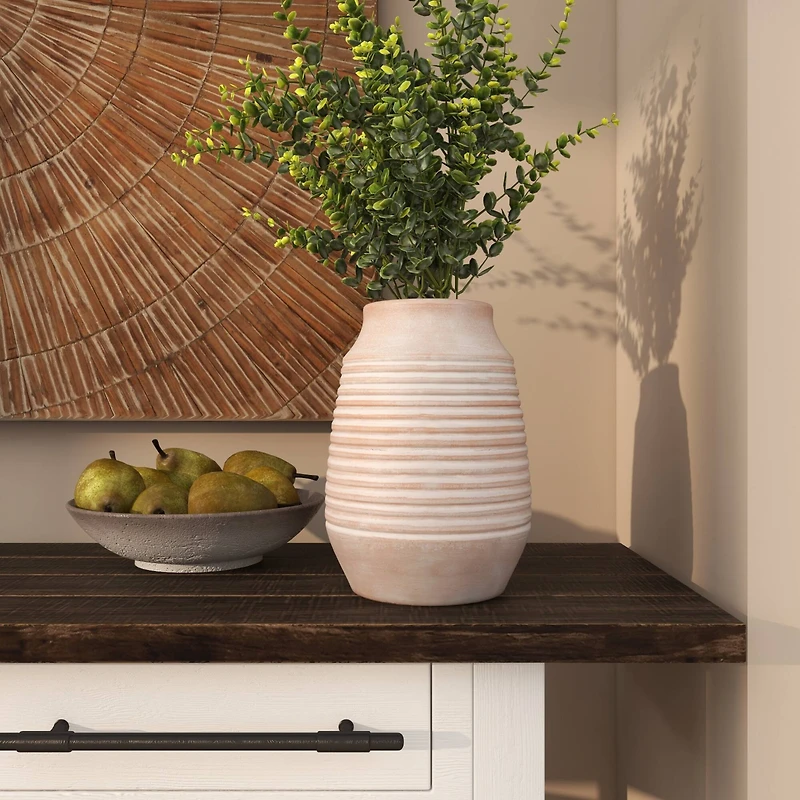 11" Pink Ceramic Whitewashed Ribbed Vase