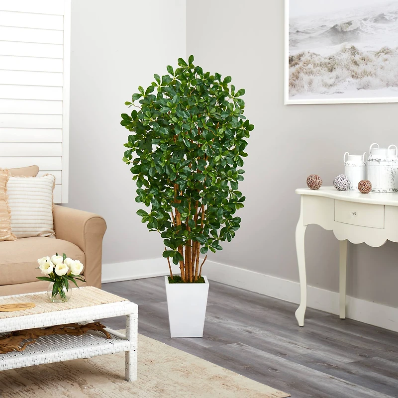 5.5ft. Black Olive Artificial Tree with 1365 Bendable Leaves in Metal White Planter