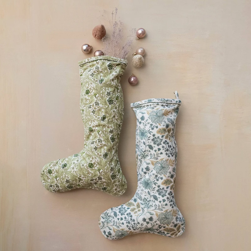 Hello Honey® 20" Green & Cream Cotton Velvet Printed Stocking with Floral Pattern