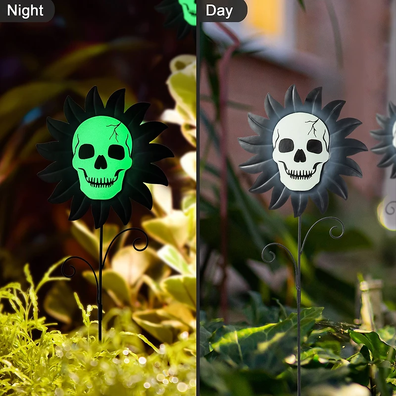 Glitzhome® 24" Halloween Metal Sunflower Skulls Glow-in-Dark Yard Stakes, 3ct.