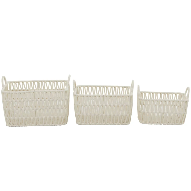 White Cotton Handmade Storage Basket with Handles Set of 3 11", 10", 9"