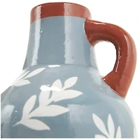 9" Blue Ceramic Floral Vase with Terracotta & White Detailing Set