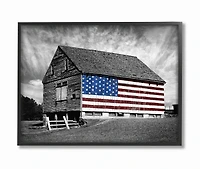 Stupell Industries Black & White Barn with American Flag Wall Art in Black Frame