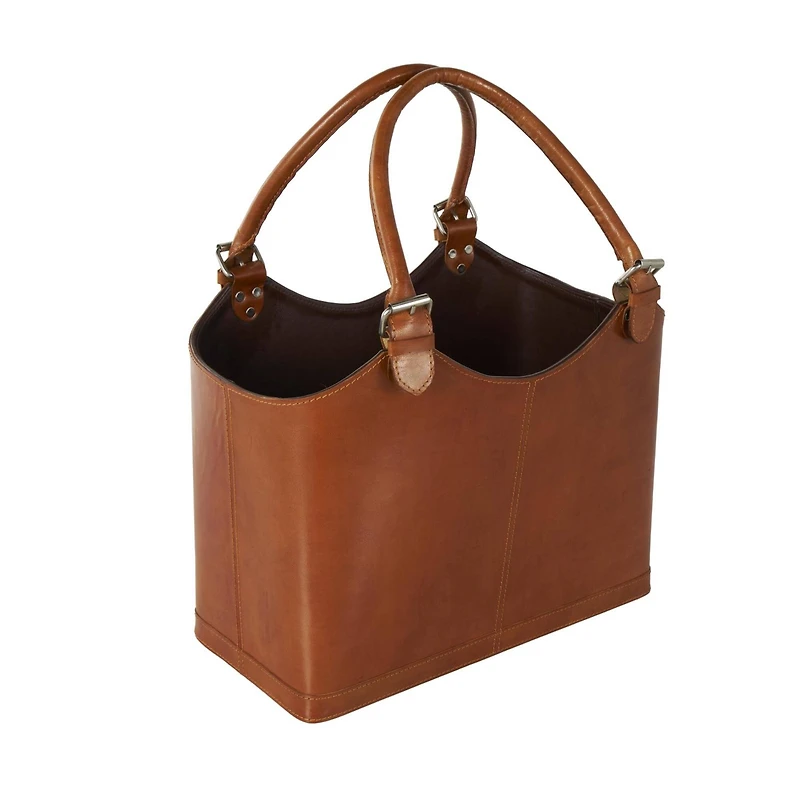 20" Brown Leather Handmade Box Style Single Slot Decorative Magazine Holder with Curved Buckle Handles