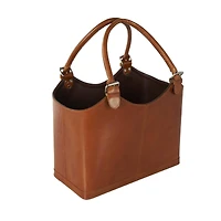 20" Brown Leather Handmade Box Style Single Slot Decorative Magazine Holder with Curved Buckle Handles