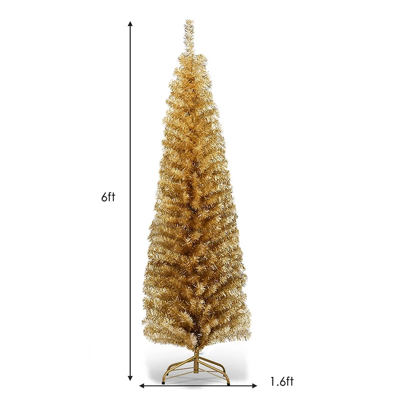 Costway 6ft. Unlit Champagne Gold Tinsel Slim Christmas Tree