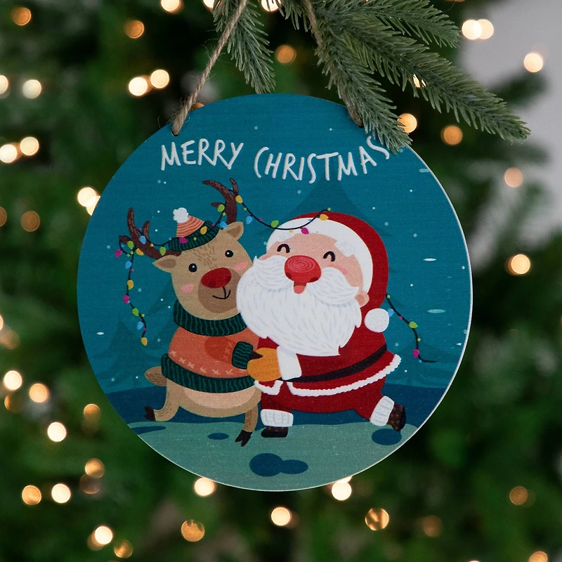 Santa and Reindeer "Merry Christmas" Disc Ornament - 8" - Blue and Red