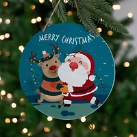 Santa and Reindeer "Merry Christmas" Disc Ornament - 8" - Blue and Red