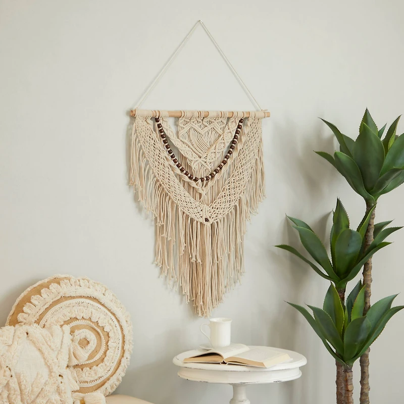 Cream Cotton Intricately Weaved Macrame Wall Decor with Beaded Fringe Tassels 25" x 1" x 44"